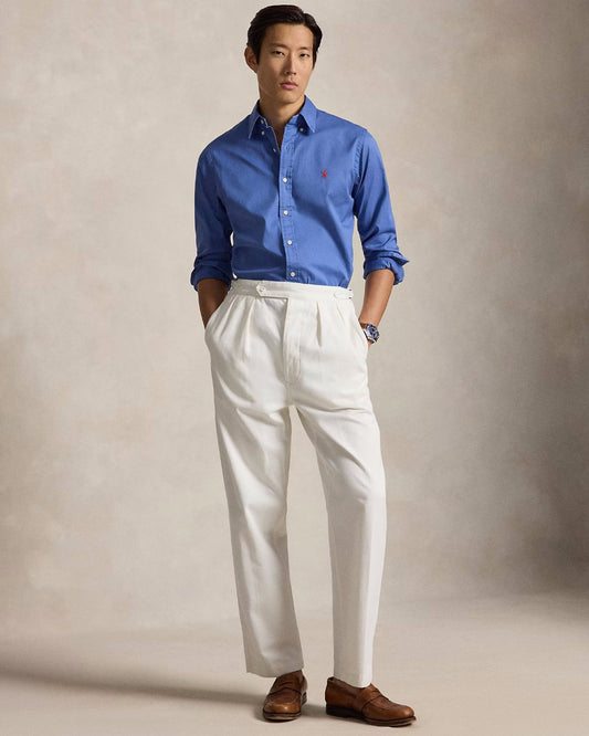 Ralph Lauren blauw hemd met rood borstlogo, gedragen volledig vooraanzicht