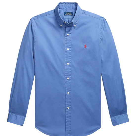 Ralph Lauren blauw hemd met rood borstlogo, productfoto vooraanzicht