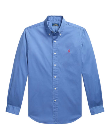Ralph Lauren blauw hemd met rood borstlogo, productfoto vooraanzicht