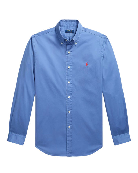 Ralph Lauren blauw hemd met rood borstlogo, productfoto vooraanzicht