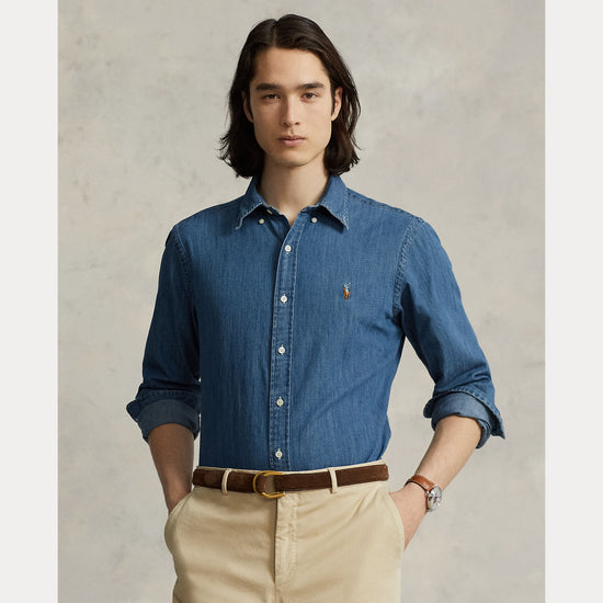 Ralph Lauren blauw denim hemd, gedragen vooraanzicht