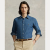 Ralph Lauren blauw denim hemd, gedragen vooraanzicht