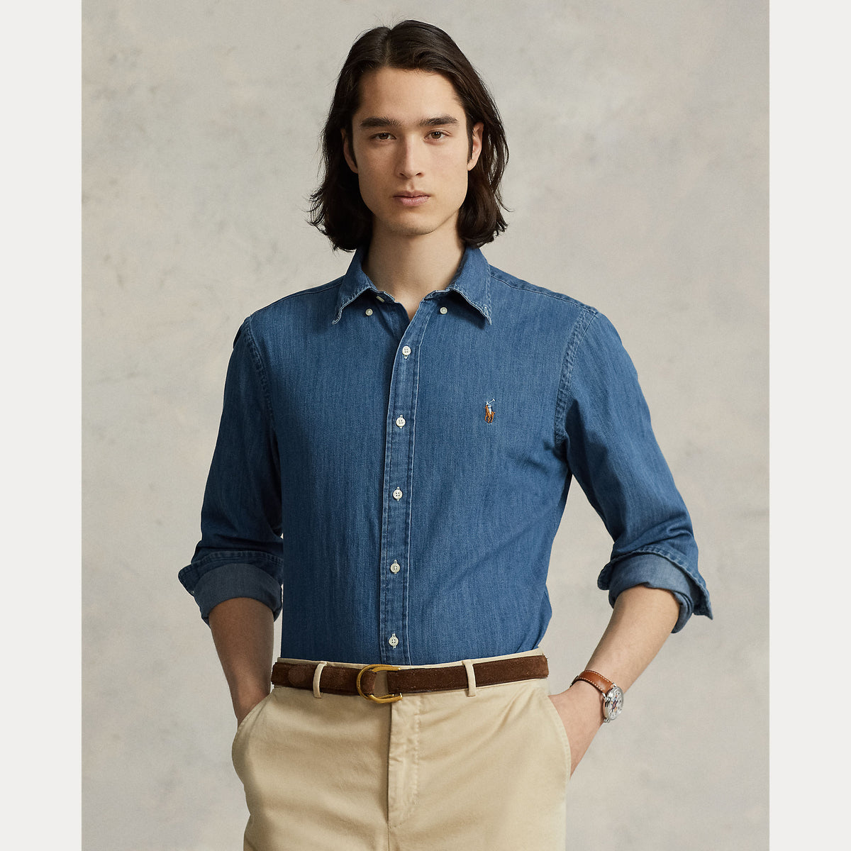 Ralph Lauren blauw denim hemd, gedragen vooraanzicht