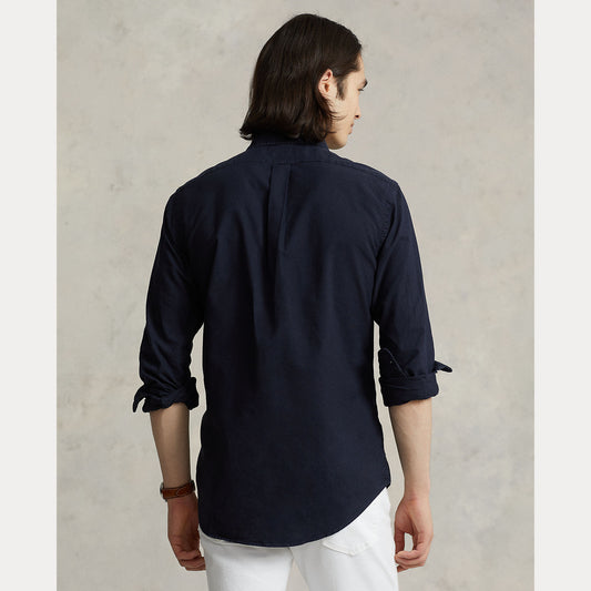 Ralph Lauren navy Oxford-hemd met rood logo, gedragen achteraanzicht