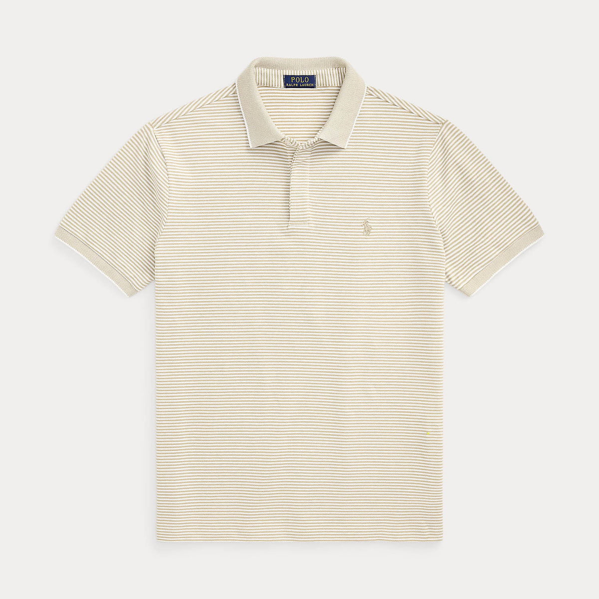 Gestreepte Ralph Lauren Custom Slim Fit mesh polo in khaki-wit, vooraanzicht