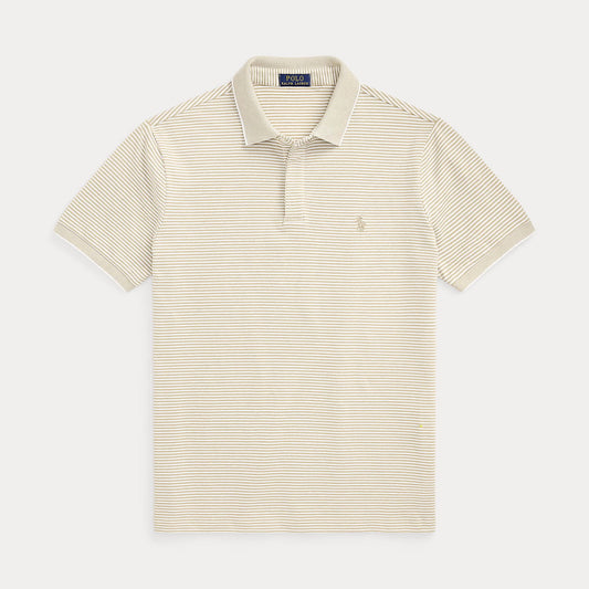 Gestreepte Ralph Lauren Custom Slim Fit mesh polo in khaki-wit, vooraanzicht