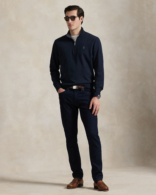 Ralph Lauren navy sweater met korte rits, gedragen volledig vooraanzicht