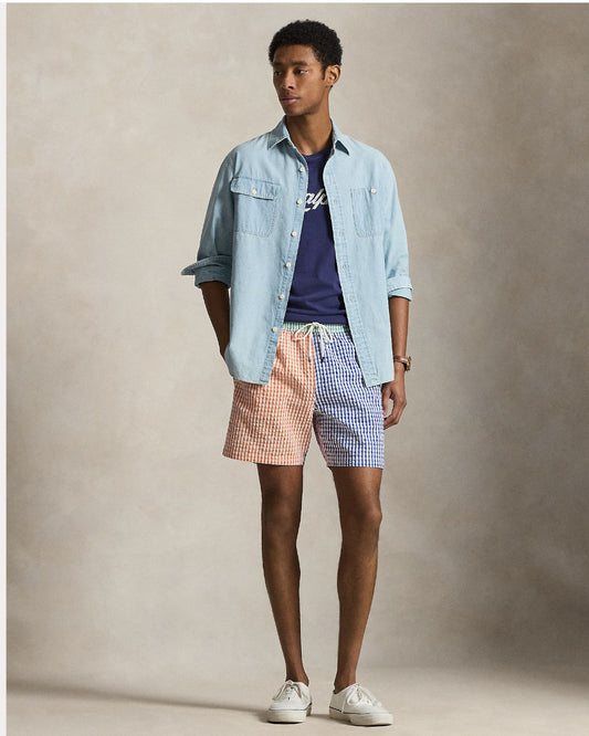 Ralph Lauren multicolour geruite zwemshort, gedragen volledig vooraanzicht