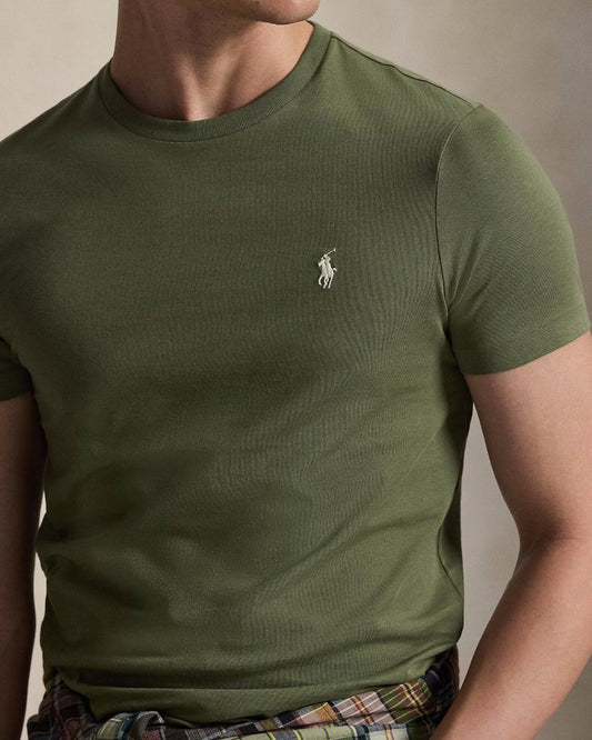 Ralph Lauren groen T-shirt met licht borstlogo, gedragen detail vooraanzicht