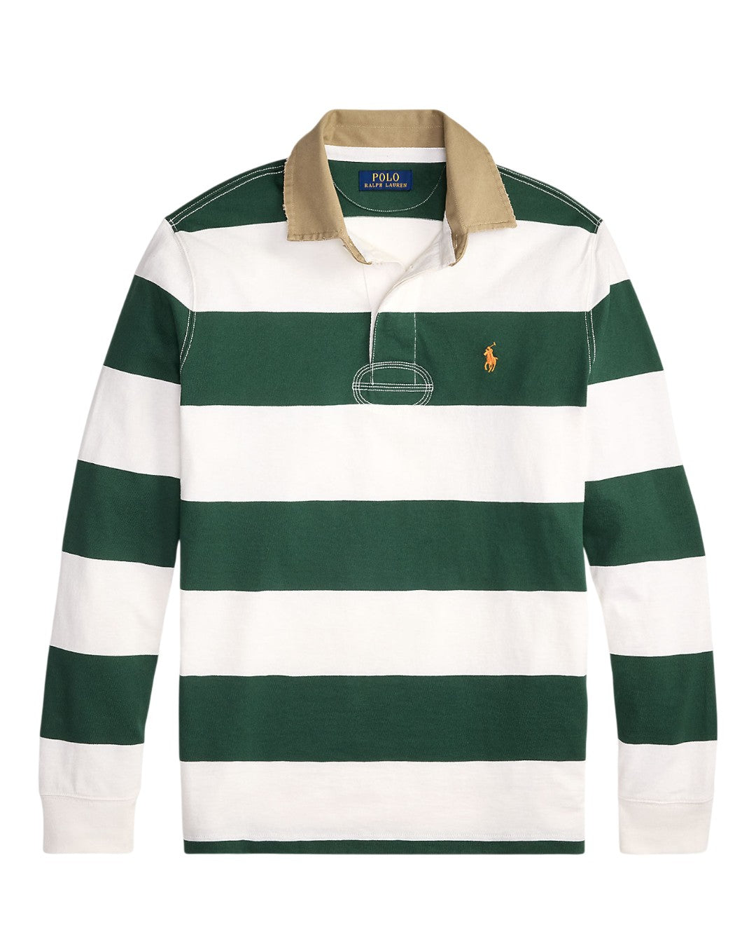 Ralph Lauren groen-crème gestreepte polo met lange mouwen, productfoto vooraanzicht