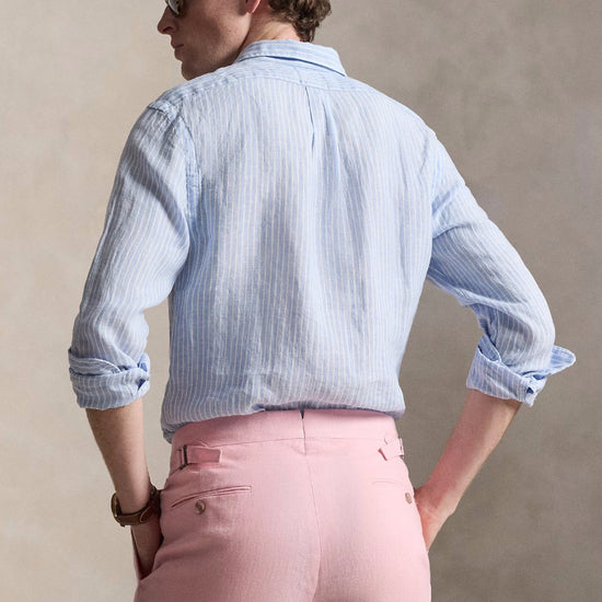 Ralph Lauren lichtblauw-wit gestreept hemd, gedragen achteraanzicht