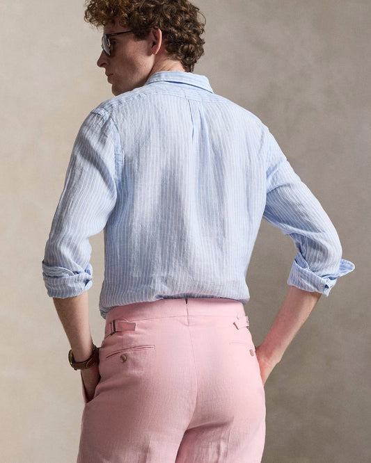 Ralph Lauren lichtblauw-wit gestreept hemd, gedragen achteraanzicht