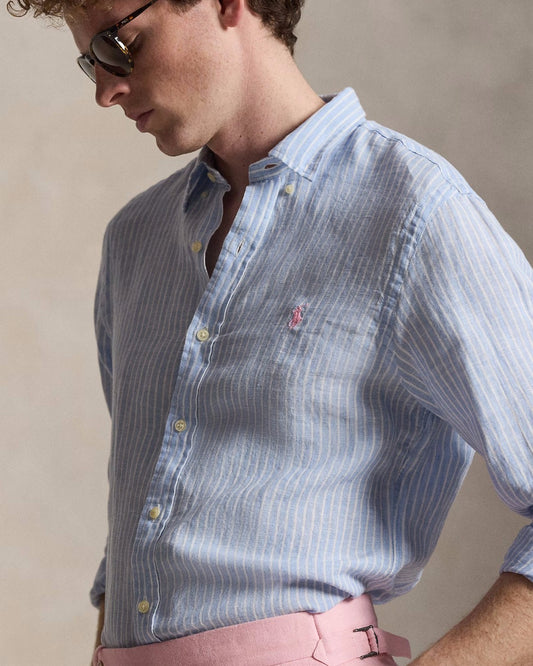Ralph Lauren lichtblauw-wit gestreept hemd, gedragen detail vooraanzicht