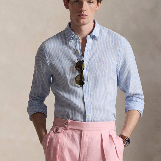 Ralph Lauren lichtblauw-wit gestreept hemd, gedragen vooraanzicht