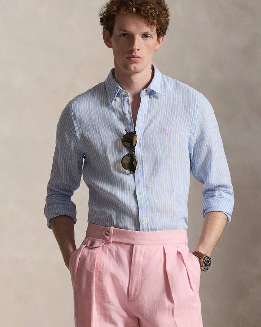 Ralph Lauren lichtblauw-wit gestreept hemd, gedragen vooraanzicht