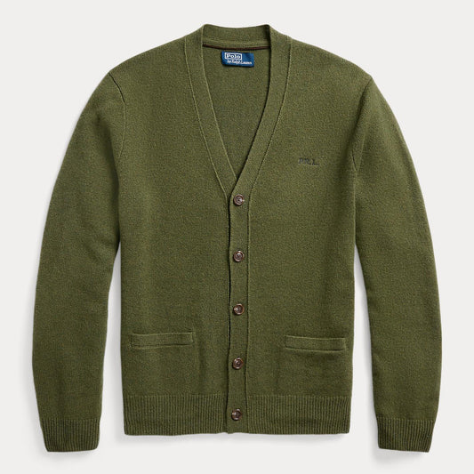 Ralph Lauren olijfgroen vest met V-hals en knopen, productfoto vooraanzicht