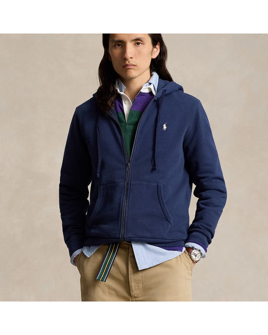 Ralph Lauren navy hoodie met volledige rits, gedragen vooraanzicht