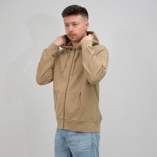 Ralph Lauren khaki hoodie met volledige rits, gedragen capuchondetail