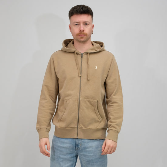 Ralph Lauren khaki hoodie met volledige rits, gedragen vooraanzicht