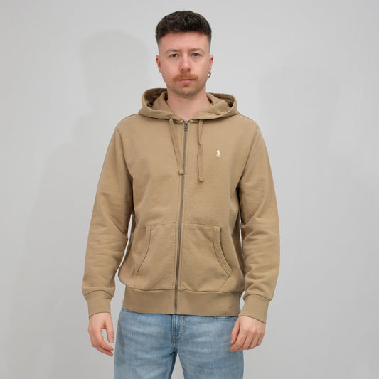 Ralph Lauren khaki hoodie met volledige rits, gedragen vooraanzicht