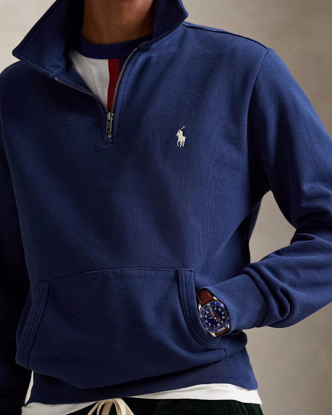 Ralph Lauren navy sweater met korte rits, gedragen detail rits en logo