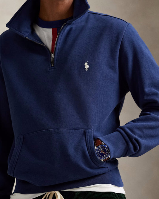 Ralph Lauren navy sweater met korte rits, gedragen detail rits en logo