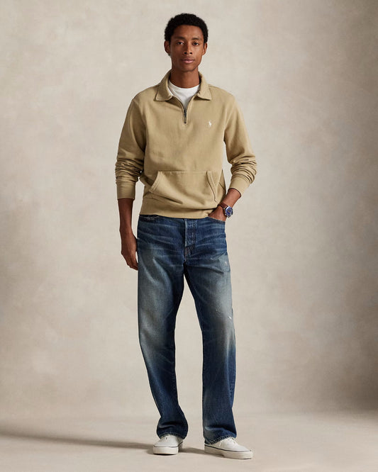 Ralph Lauren khaki sweater met korte rits, gedragen volledig vooraanzicht