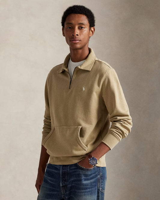 Ralph Lauren khaki sweater met korte rits, gedragen vooraanzicht