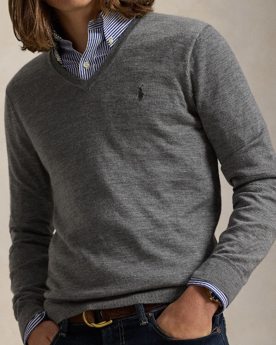 Ralph Lauren Merino Wool V-Neck Trui Fawn Grey Heather – productfoto 5 | Checkpoint Mol