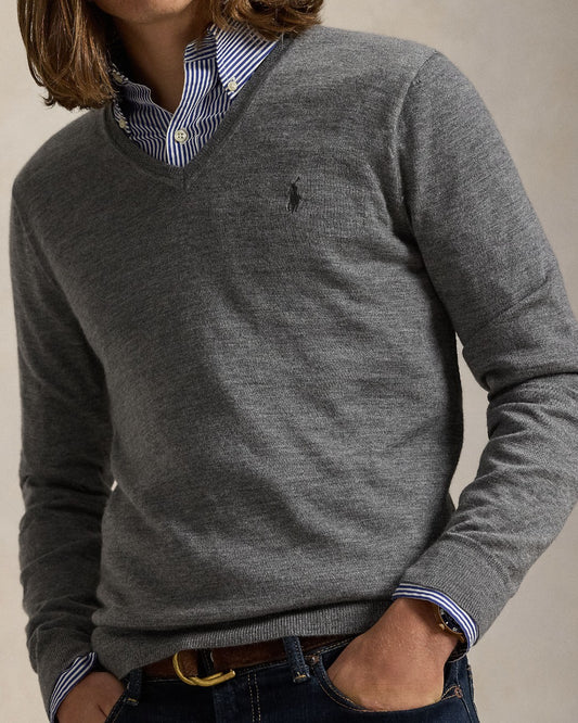 Ralph Lauren Merino Wool V-Neck Trui Fawn Grey Heather – productfoto 5 | Checkpoint Mol