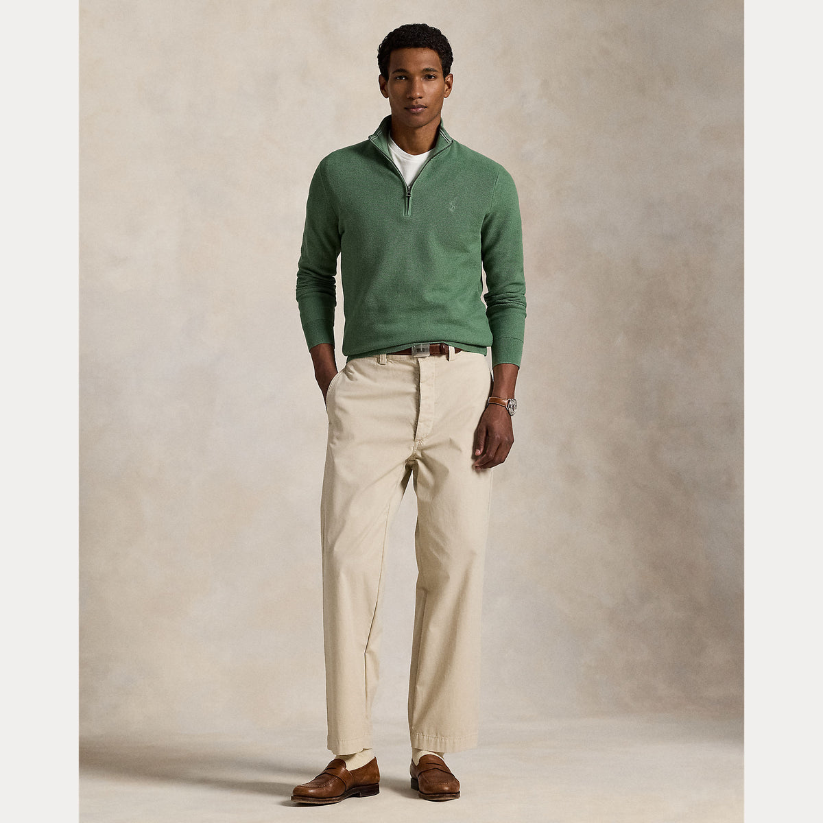 Ralph Lauren groene trui met korte rits, gedragen volledig vooraanzicht