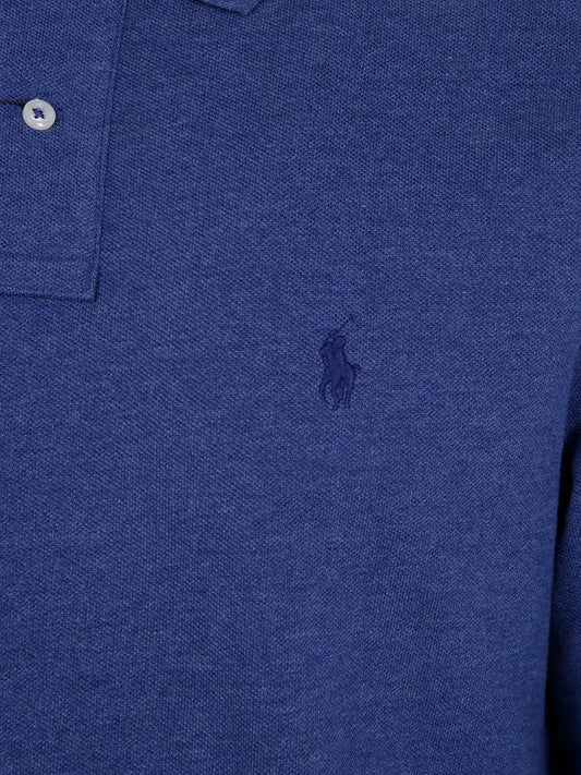 Ralph Lauren blauw gemêleerde polo, detail van korte knoopsluiting en geborduurd logo