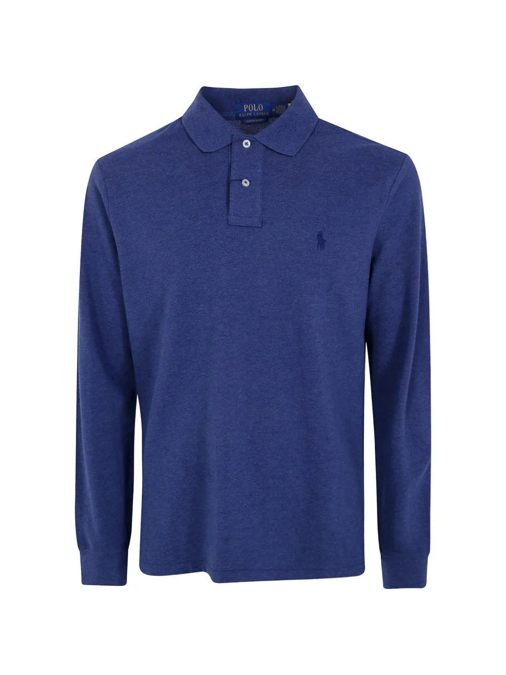 Ralph Lauren blauw gemêleerde polo met lange mouwen, productfoto vooraanzicht
