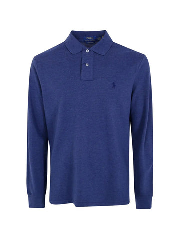 Ralph Lauren blauw gemêleerde polo met lange mouwen, productfoto vooraanzicht