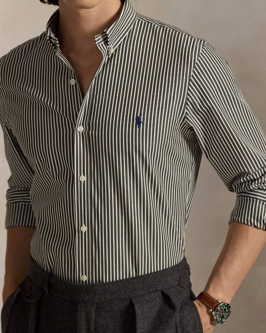 Ralph Lauren donker en wit gestreept hemd, gedragen detail vooraanzicht
