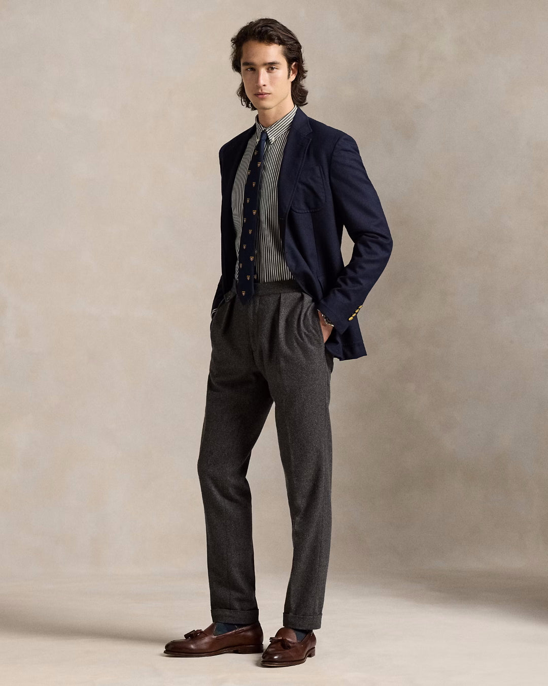 Ralph Lauren donker en wit gestreept hemd, gedragen volledig vooraanzicht met blazer