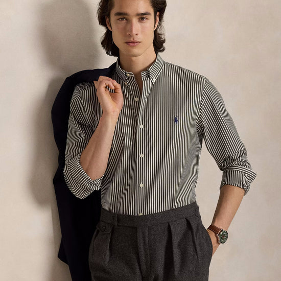 Ralph Lauren donker en wit gestreept hemd, gedragen vooraanzicht