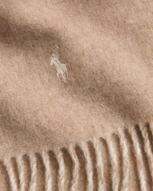 Ralph Lauren taupe en crèmekleurige sjaal, detail logo en franjes