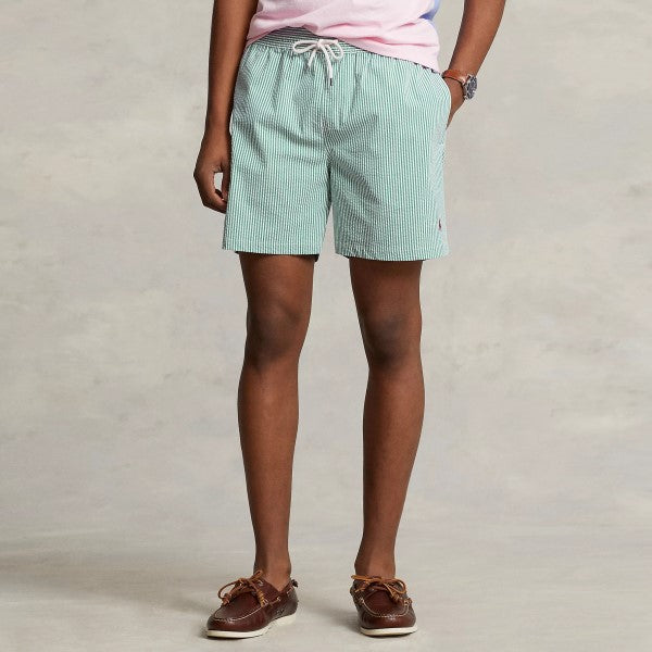 Ralph Lauren groen-wit gestreepte short, gedragen vooraanzicht