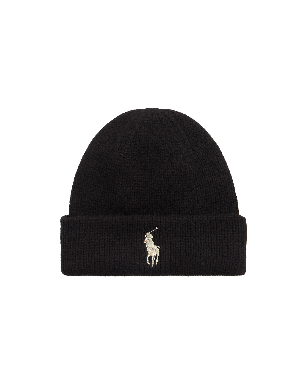Ralph Lauren zwarte muts met licht polospelerslogo, productfoto vooraanzicht