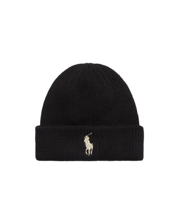 Ralph Lauren zwarte muts met licht polospelerslogo, productfoto vooraanzicht