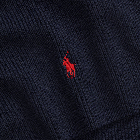 Ralph Lauren navy sjaal en muts met rood logo, detail logo en breisel