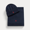 Ralph Lauren navy sjaal en muts met rood logo, opgevouwen overzicht