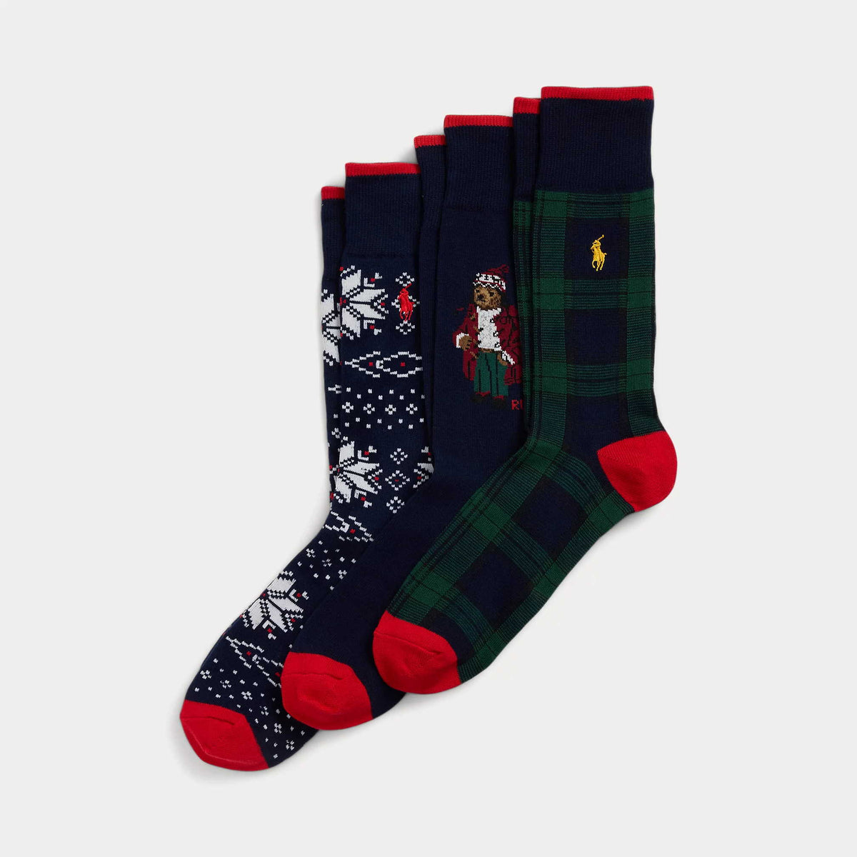Ralph Lauren multicolour sokken met ruiten, Polo Bear en wintermotief, drie paar overzicht