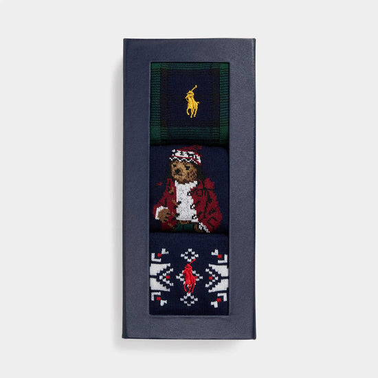 Ralph Lauren multicolour sokken met ruiten, Polo Bear en wintermotief, verpakking