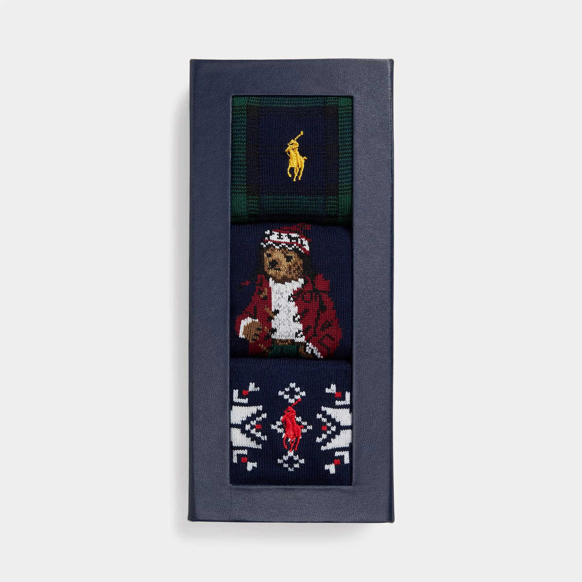 Ralph Lauren multicolour sokken met ruiten, Polo Bear en wintermotief, verpakking