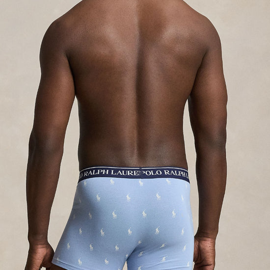 Ralph Lauren blauwe boxers met logotailleband, lichtblauwe boxer met print gedragen achteraanzicht
