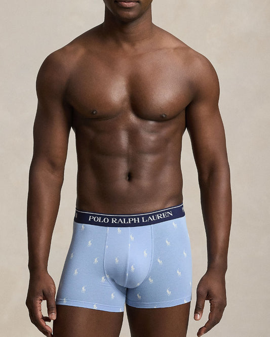 Ralph Lauren blauwe boxers met logotailleband, lichtblauwe boxer met print gedragen vooraanzicht