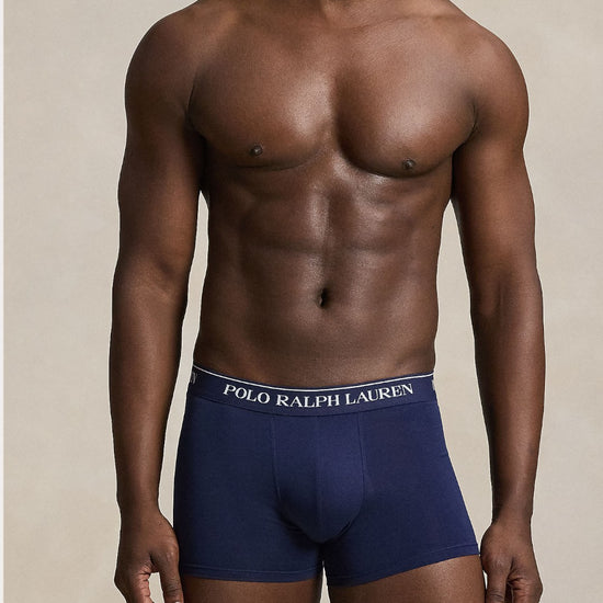 Ralph Lauren blauwe boxers met logotailleband, navy boxer gedragen vooraanzicht