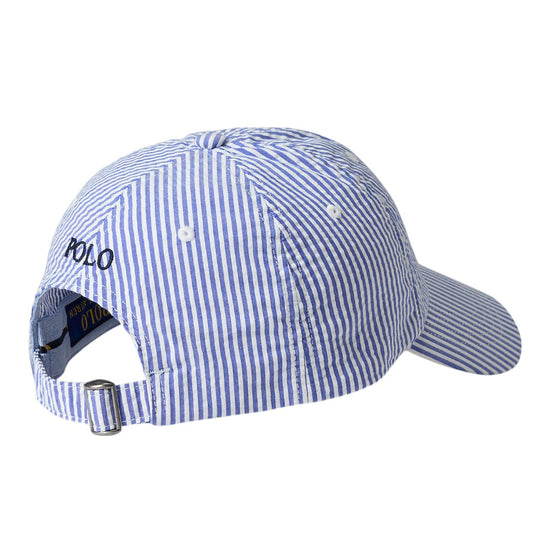Ralph Lauren blauw-wit gestreepte pet, productfoto achteraanzicht